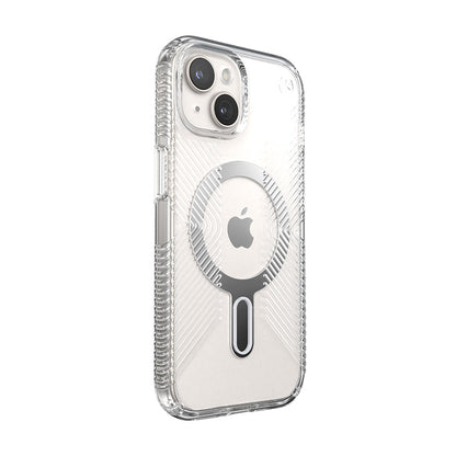 Speck Presidio Perfect-Clear Grip ClickLock & MagSafe – dėklas skirtas iPhone 16e / iPhone 15 / iPhone 14 / iPhone 13 (skaidrus / chromo apdaila / ramus sidabras)