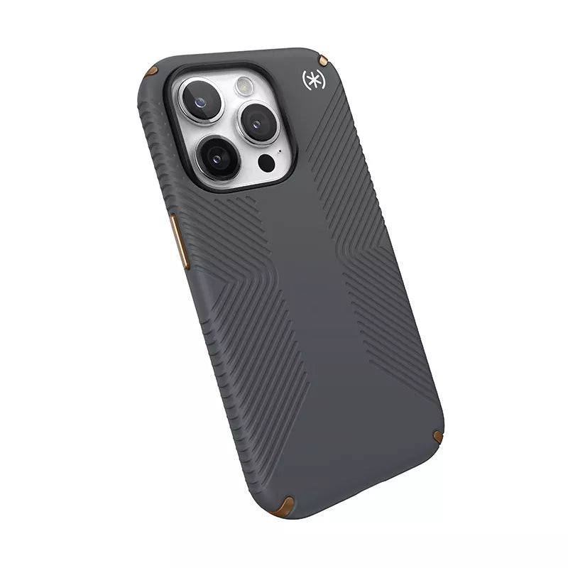 Speck Presidio2 Grip – „iPhone 15 Pro“ dėklas (anglies pilka / šalta bronza / balta)