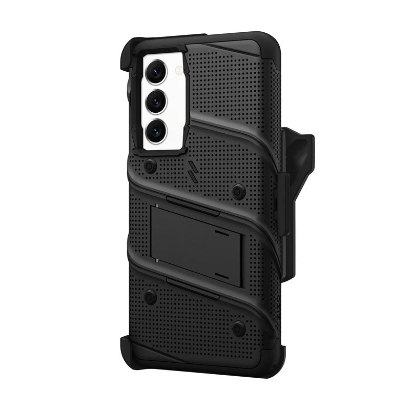 ZIZO BOLT serija – šarvuotas dėklas, skirtas Samsung Galaxy S23+ su 9H stiklu ekranui + laikiklis su stovu (juodas)