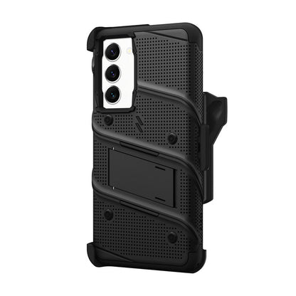 ZIZO BOLT serija – šarvuotas dėklas, skirtas Samsung Galaxy S23+ su 9H stiklu ekranui + laikiklis su stovu (juodas)