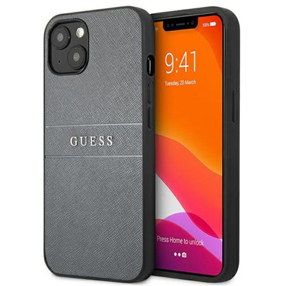Guess Saffiano Metal Logo Stripes – dėklas, skirtas iPhone 13 mini (pilkas)