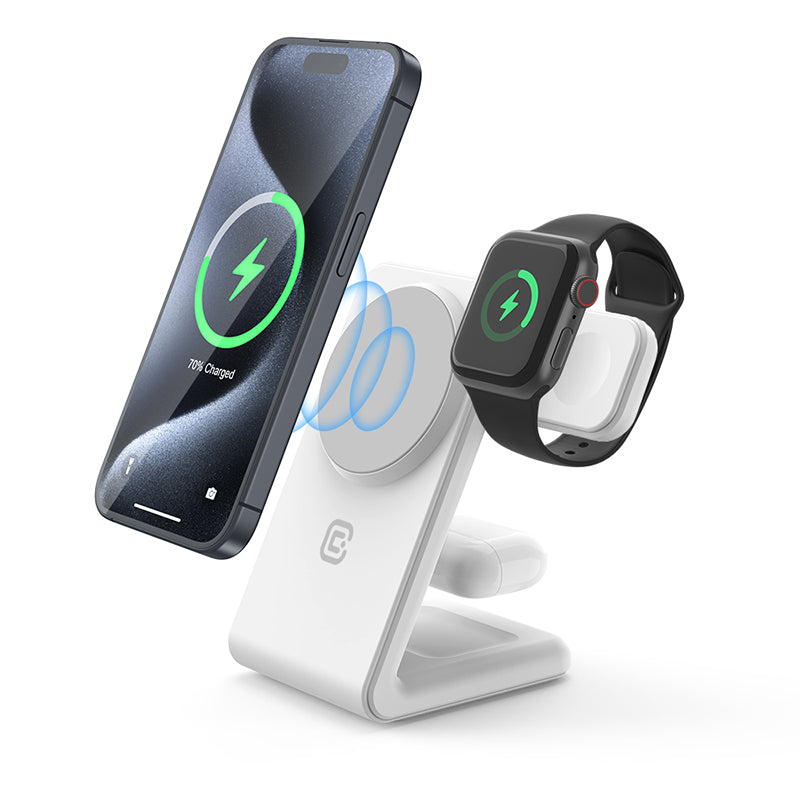 Crong MagSpot Pivot Stand - 3-in-1 belaidis įkroviklis su MagSafe, skirtas iPhone, Apple Watch ir AirPods (baltas)