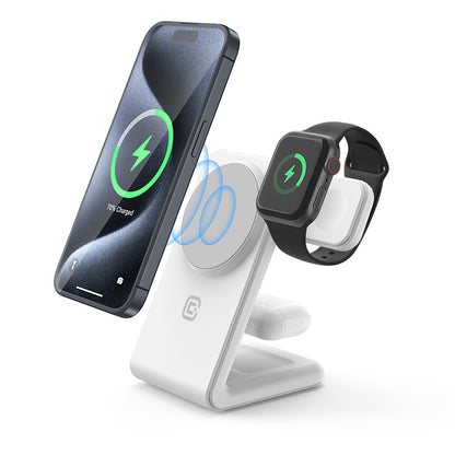 Crong MagSpot Pivot Stand - 3-in-1 belaidis įkroviklis su MagSafe, skirtas iPhone, Apple Watch ir AirPods (baltas)