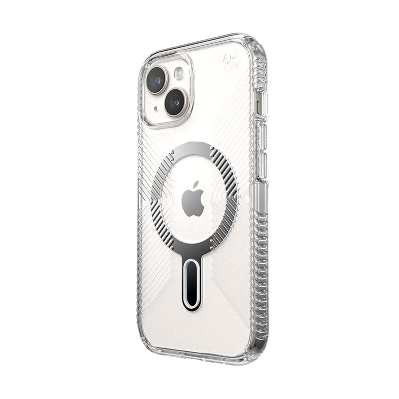 Speck Presidio Perfect-Clear Grip ClickLock & MagSafe – dėklas skirtas iPhone 16e / iPhone 15 / iPhone 14 / iPhone 13 (skaidrus / chromo apdaila / ramus sidabras)