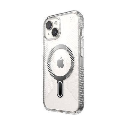 Speck Presidio Perfect-Clear Grip ClickLock & MagSafe – dėklas skirtas iPhone 16e / iPhone 15 / iPhone 14 / iPhone 13 (skaidrus / chromo apdaila / ramus sidabras)