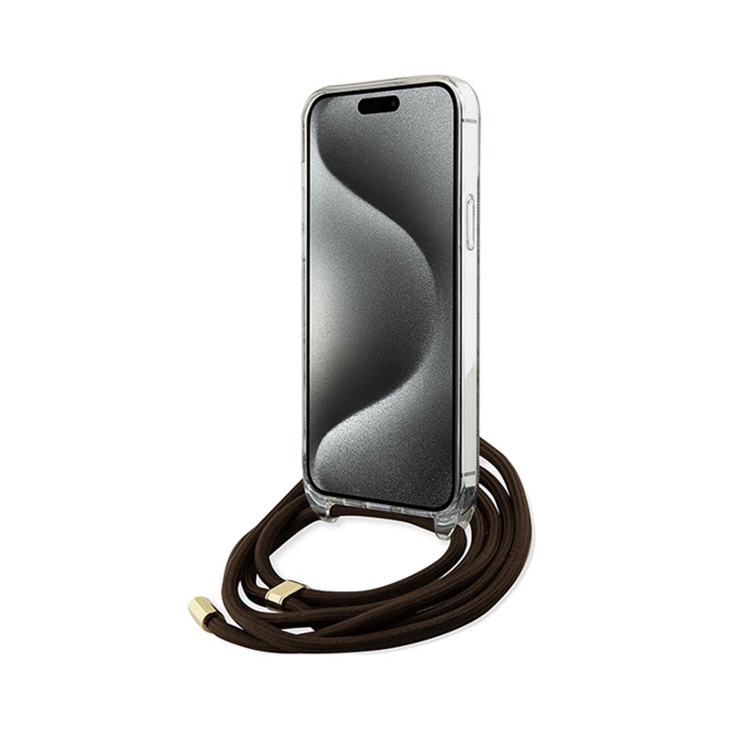 Guess Crossbody Cord 4G Print – iPhone 15 Pro dėklas (rudas)