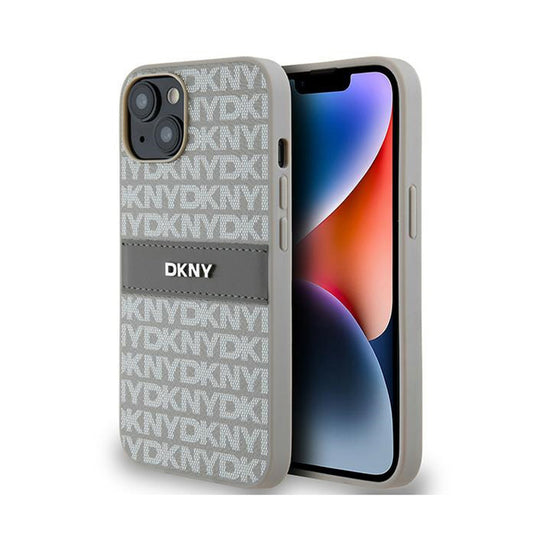 DKNY Odinis Monogram Juostelė ir Metalinis Logotipas - „iPhone 14“ / 15 / 13 Dėklas (smėlio spalvos)