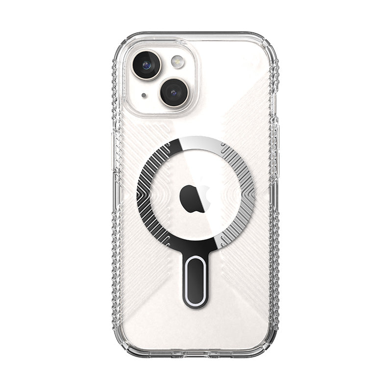 Speck Presidio Perfect-Clear Grip ClickLock & MagSafe – dėklas skirtas iPhone 16e / iPhone 15 / iPhone 14 / iPhone 13 (skaidrus / chromo apdaila / ramus sidabras)
