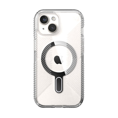 Speck Presidio Perfect-Clear Grip ClickLock & MagSafe – dėklas skirtas iPhone 16e / iPhone 15 / iPhone 14 / iPhone 13 (skaidrus / chromo apdaila / ramus sidabras)
