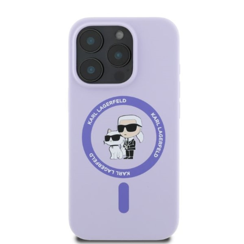Karl Lagerfeld Silikoninis MagSafe dėklas su Karl & Choupette žiedu - iPhone 16 Pro Max (violetinis)