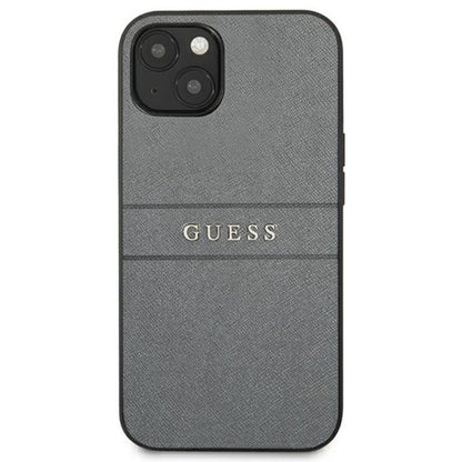 Guess Saffiano Metal Logo Stripes – dėklas, skirtas iPhone 13 mini (pilkas)