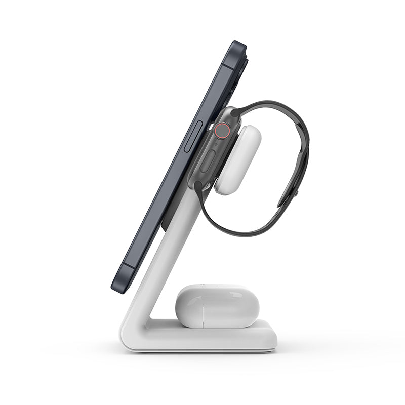 Crong MagSpot Pivot Stand - 3-in-1 belaidis įkroviklis su MagSafe, skirtas iPhone, Apple Watch ir AirPods (baltas)