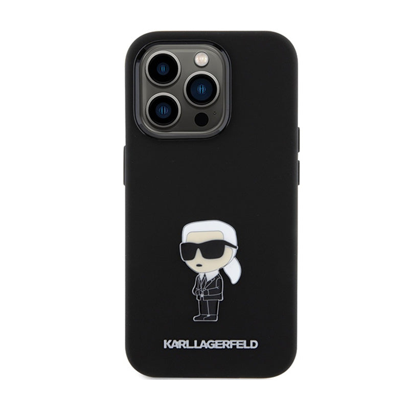 Karl Lagerfeld Silicone Ikonik Metal Pin – iPhone 15 Pro dėklas (juodas)