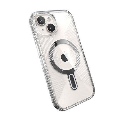 Speck Presidio Perfect-Clear Grip ClickLock & MagSafe – dėklas skirtas iPhone 16e / iPhone 15 / iPhone 14 / iPhone 13 (skaidrus / chromo apdaila / ramus sidabras)