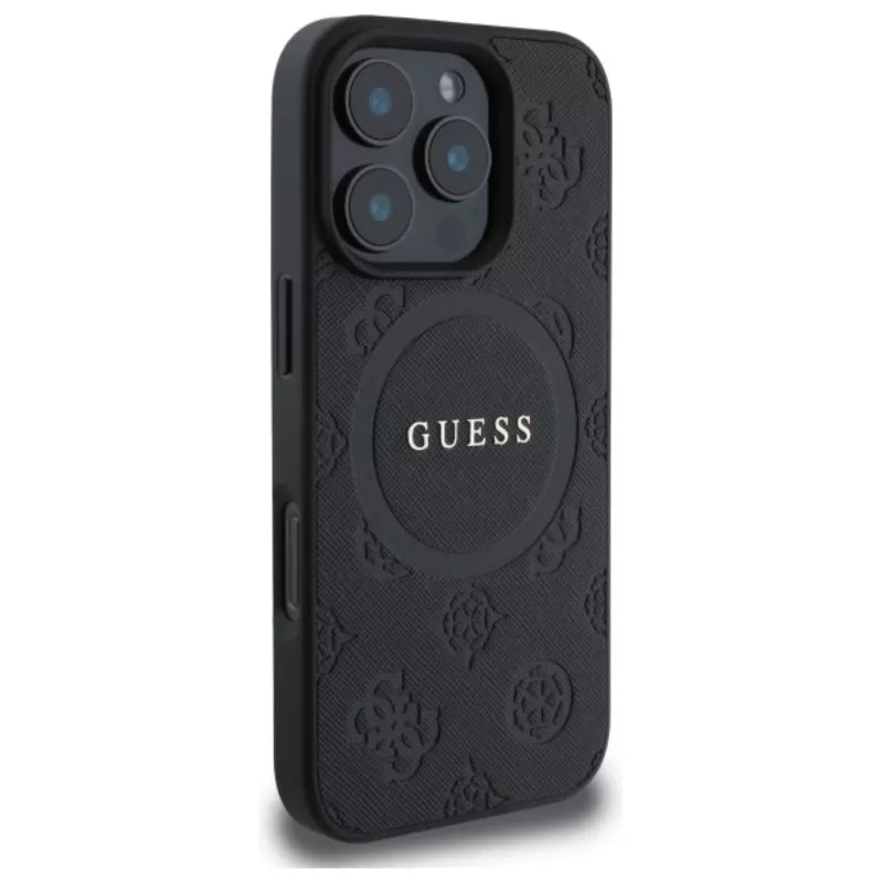Guess Saffiano Peony Classic Logo MagSafe - dėklas iPhone 16 Pro Max (juoda)
