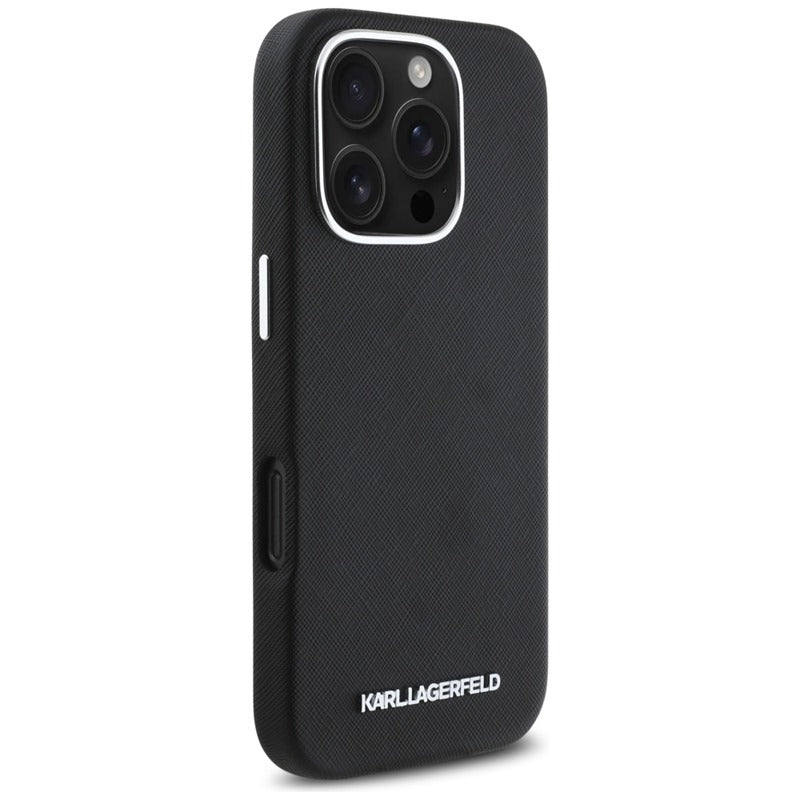 Karl Lagerfeld Saffiano Full Wrapped Elongated Metal Logo MagSafe – dėklas, skirtas „iPhone 16 Pro“ (juodas)