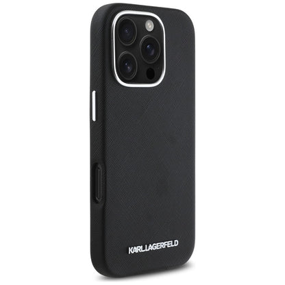 Karl Lagerfeld Saffiano Full Wrapped Elongated Metal Logo MagSafe – dėklas, skirtas „iPhone 16 Pro“ (juodas)