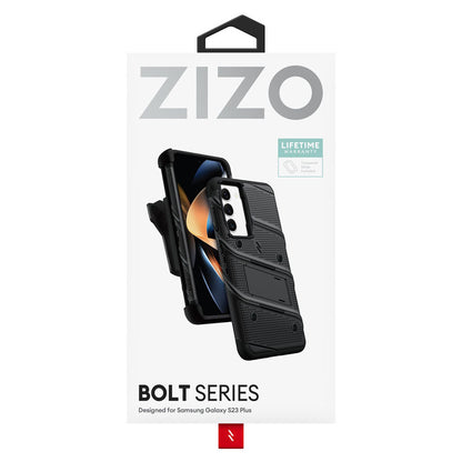 ZIZO BOLT serija – šarvuotas dėklas, skirtas Samsung Galaxy S23+ su 9H stiklu ekranui + laikiklis su stovu (juodas)
