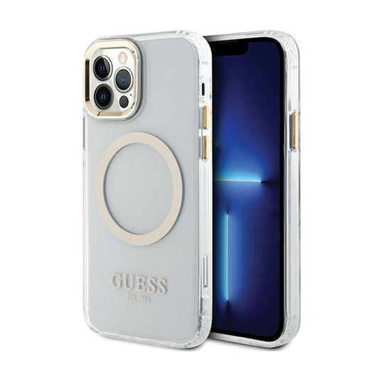 Guess Metal Outline MagSafe – dėklas skirtas iPhone 12 / iPhone 12 Pro (permatomas / auksinis)