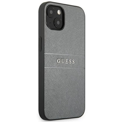 Guess Saffiano Metal Logo Stripes – dėklas, skirtas iPhone 13 mini (pilkas)
