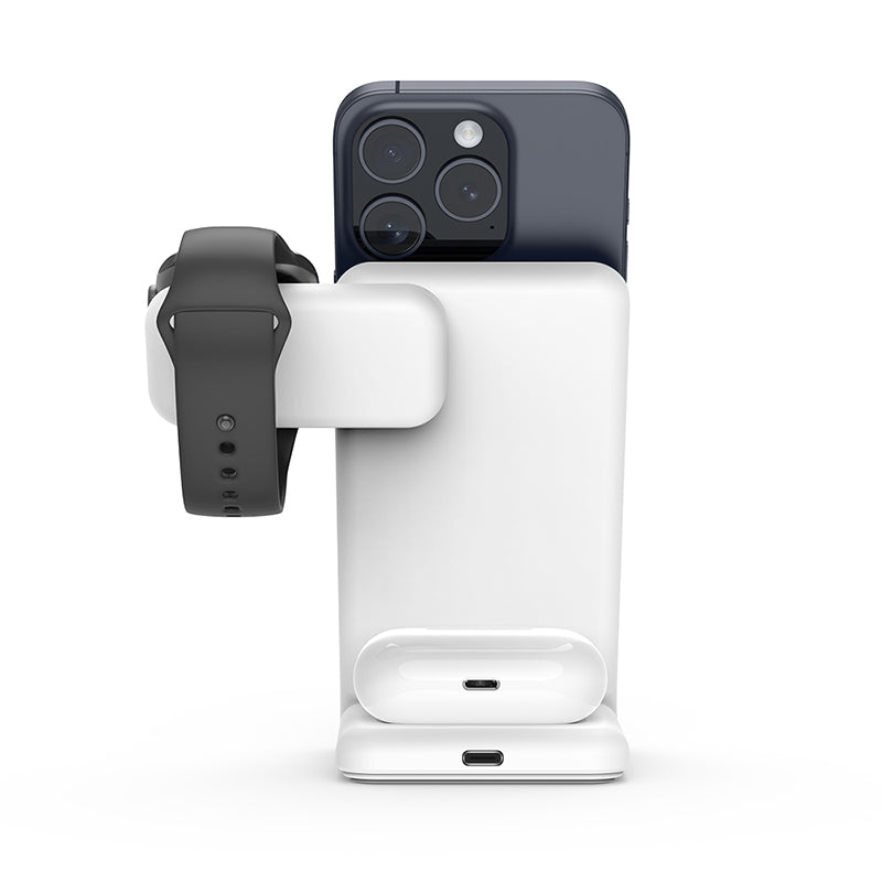 Crong MagSpot Pivot Stand - 3-in-1 belaidis įkroviklis su MagSafe, skirtas iPhone, Apple Watch ir AirPods (baltas)