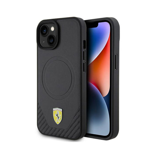 Ferrari Carbon Metal Logo MagSafe – „iPhone 15“ dėklas (juodas)