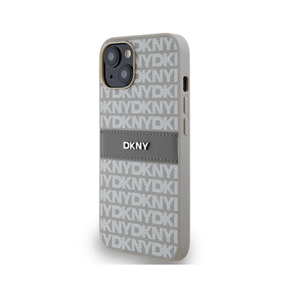 DKNY Odinis Monogram Juostelė ir Metalinis Logotipas - „iPhone 14“ / 15 / 13 Dėklas (smėlio spalvos)