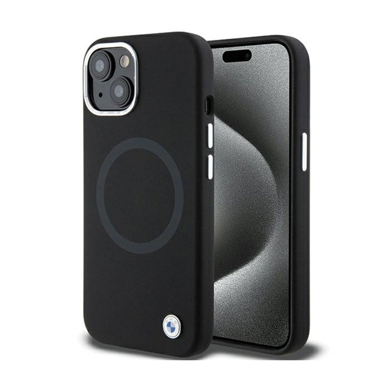 BMW Signature skystas silikonas su MagSafe – dėklas skirtas iPhone 15 Plus (juodas)