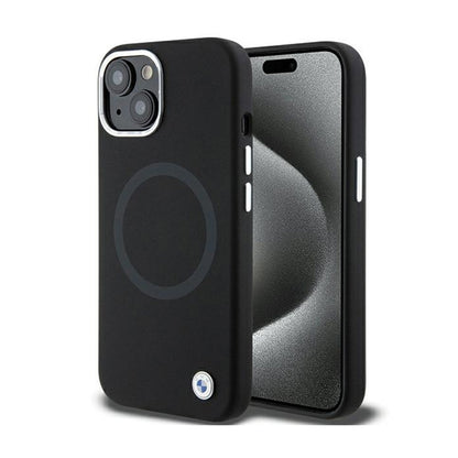 BMW Signature skystas silikonas su MagSafe – dėklas skirtas iPhone 15 Plus (juodas)