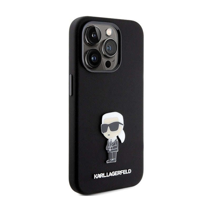 Karl Lagerfeld Silicone Ikonik Metal Pin – iPhone 15 Pro dėklas (juodas)