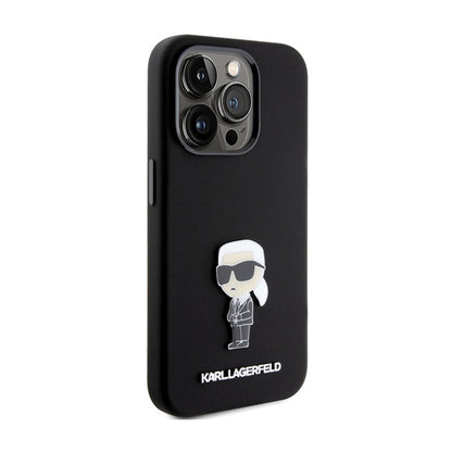 Karl Lagerfeld Silicone Ikonik Metal Pin – iPhone 15 Pro dėklas (juodas)