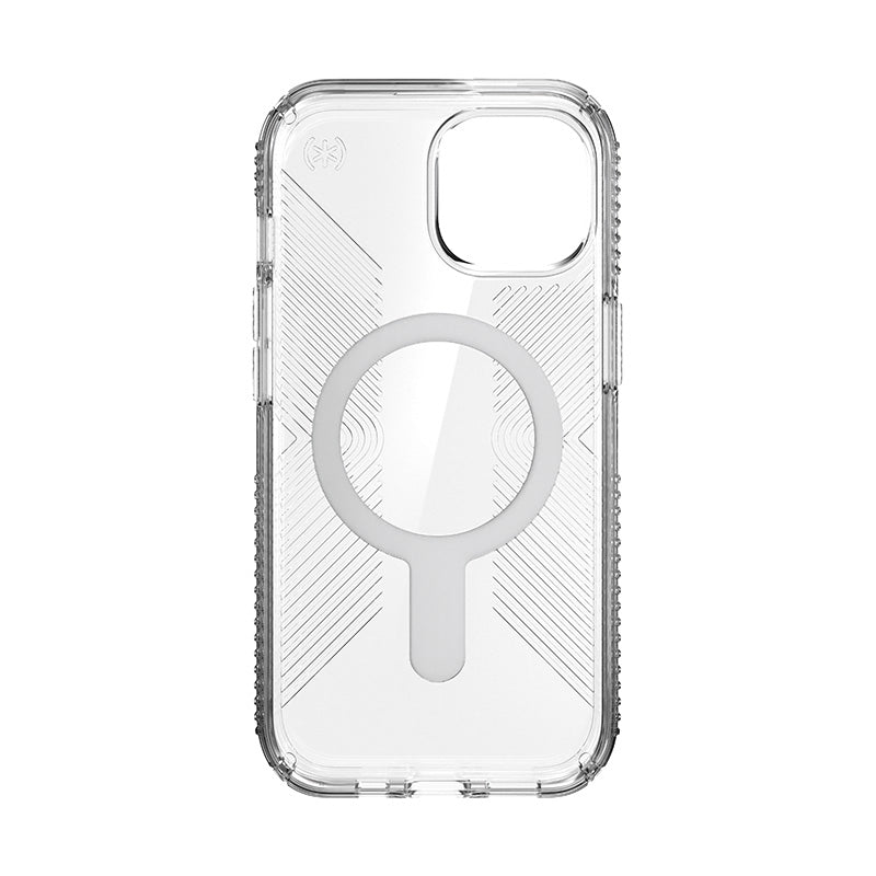 Speck Presidio Perfect-Clear Grip ClickLock & MagSafe – dėklas skirtas iPhone 16e / iPhone 15 / iPhone 14 / iPhone 13 (skaidrus / chromo apdaila / ramus sidabras)