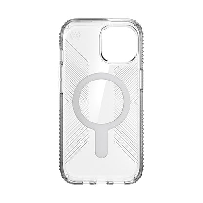 Speck Presidio Perfect-Clear Grip ClickLock & MagSafe – dėklas skirtas iPhone 16e / iPhone 15 / iPhone 14 / iPhone 13 (skaidrus / chromo apdaila / ramus sidabras)