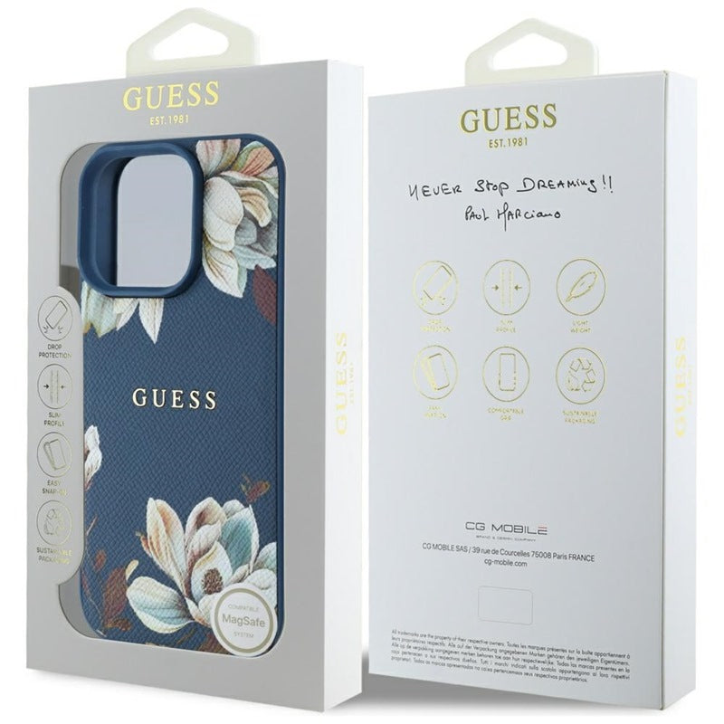 Guess Grained Printed Flower Pattern MagSafe - dėklas iPhone 16 Pro Max (mėlynas)