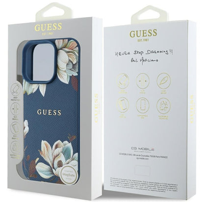 Guess Grained Printed Flower Pattern MagSafe - dėklas iPhone 16 Pro Max (mėlynas)