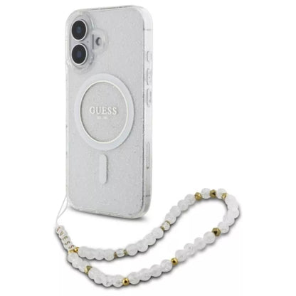 Guess IML Glitter With Pearl Strap MagSafe – dėklas, skirtas iPhone 16 (Skaidrus)