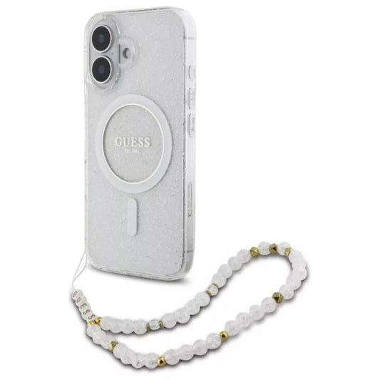Guess IML Glitter With Pearl Strap MagSafe – dėklas, skirtas iPhone 16 (Skaidrus)