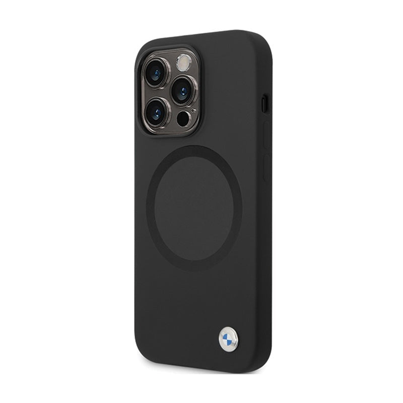 BMW Signature Liquid Silicone MagSafe dėklas, skirtas iPhone 14 Pro Max (juodas)