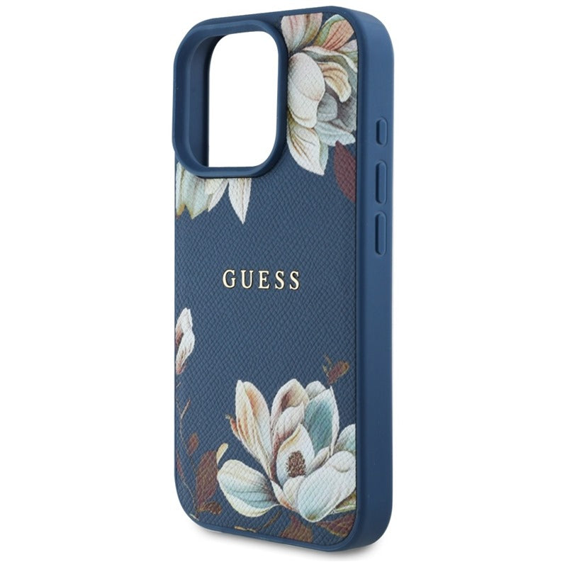 Guess Grained Printed Flower Pattern MagSafe - dėklas iPhone 16 Pro Max (mėlynas)
