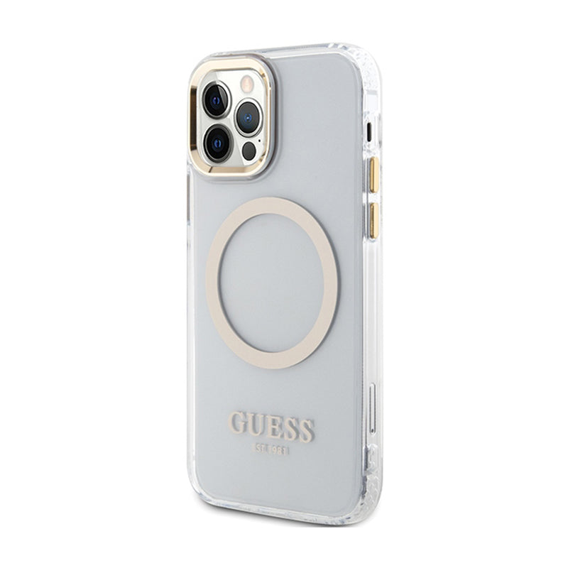 Guess Metal Outline MagSafe – dėklas skirtas iPhone 12 / iPhone 12 Pro (permatomas / auksinis)
