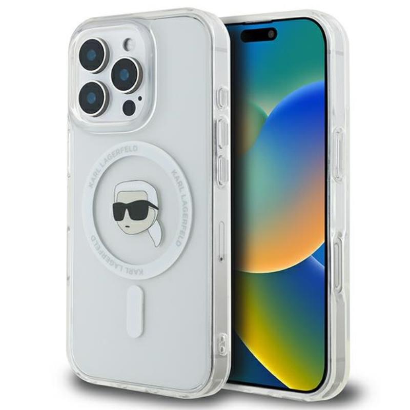 Karl Lagerfeld IML Metal Karl Head MagSafe – dėklas, skirtas iPhone 16 Pro (baltas)