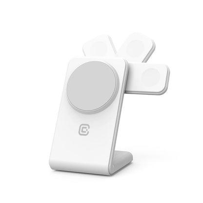 Crong MagSpot Pivot Stand - 3-in-1 belaidis įkroviklis su MagSafe, skirtas iPhone, Apple Watch ir AirPods (baltas)