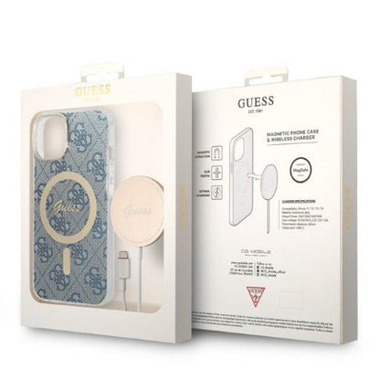 Guess Bundle Pack MagSafe 4G – dėklų rinkinys iPhone 14 + MagSafe įkroviklis (mėlyna/auksinė)