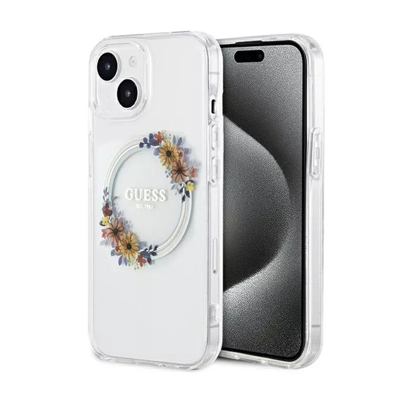 Guess IML Flowers Wreath MagSafe – dėklas, skirtas iPhone 15 (skaidrus)