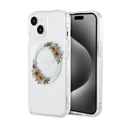 Guess IML Flowers Wreath MagSafe – dėklas, skirtas iPhone 15 (skaidrus)