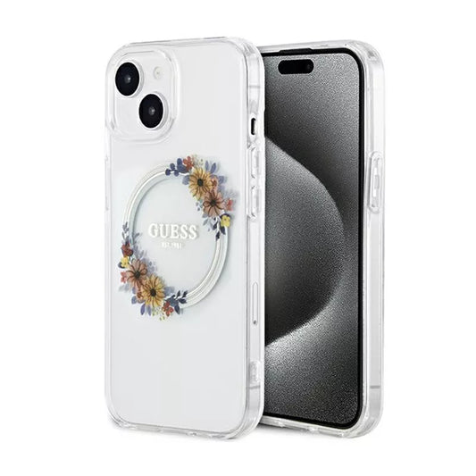 Guess IML Flowers Wreath MagSafe – dėklas, skirtas iPhone 15 (skaidrus)