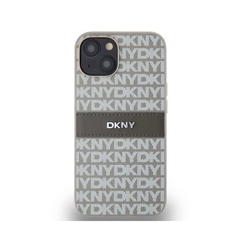 DKNY Odinis Monogram Juostelė ir Metalinis Logotipas - „iPhone 14“ / 15 / 13 Dėklas (smėlio spalvos)