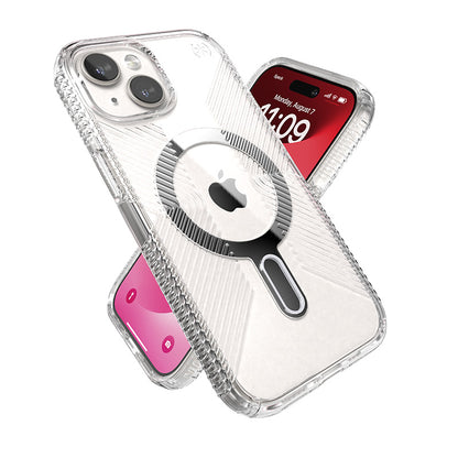 Speck Presidio Perfect-Clear Grip ClickLock & MagSafe – dėklas skirtas iPhone 16e / iPhone 15 / iPhone 14 / iPhone 13 (skaidrus / chromo apdaila / ramus sidabras)