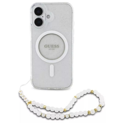 Guess IML Glitter With Pearl Strap MagSafe – dėklas, skirtas iPhone 16 (Skaidrus)