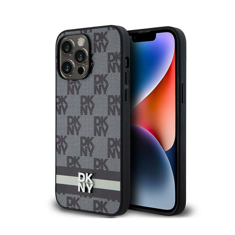 DKNY Odinis dėklas iPhone 14 Pro Max – Languotas vienspalvis raštas ir atspausdintos juostelės (juodas)